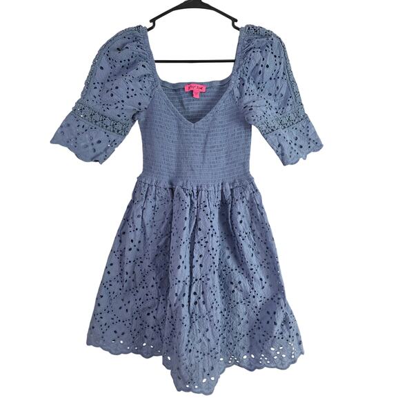 Betsey Johnson Dresses & Skirts - Betsey Johnson Eyelet Lace Mini Dress M Womens Blue Coquette Cottage Core V Neck